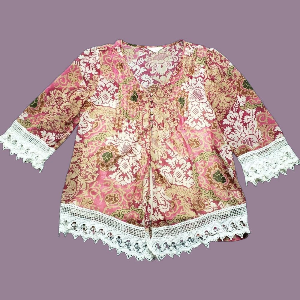 Pinko Adiva Blouse Womens L Pink Gold Floral V-Neck Polyester Lace 3/4 Sleeve Button Size L / US 10 / IT 46 - 1 Thumbnail