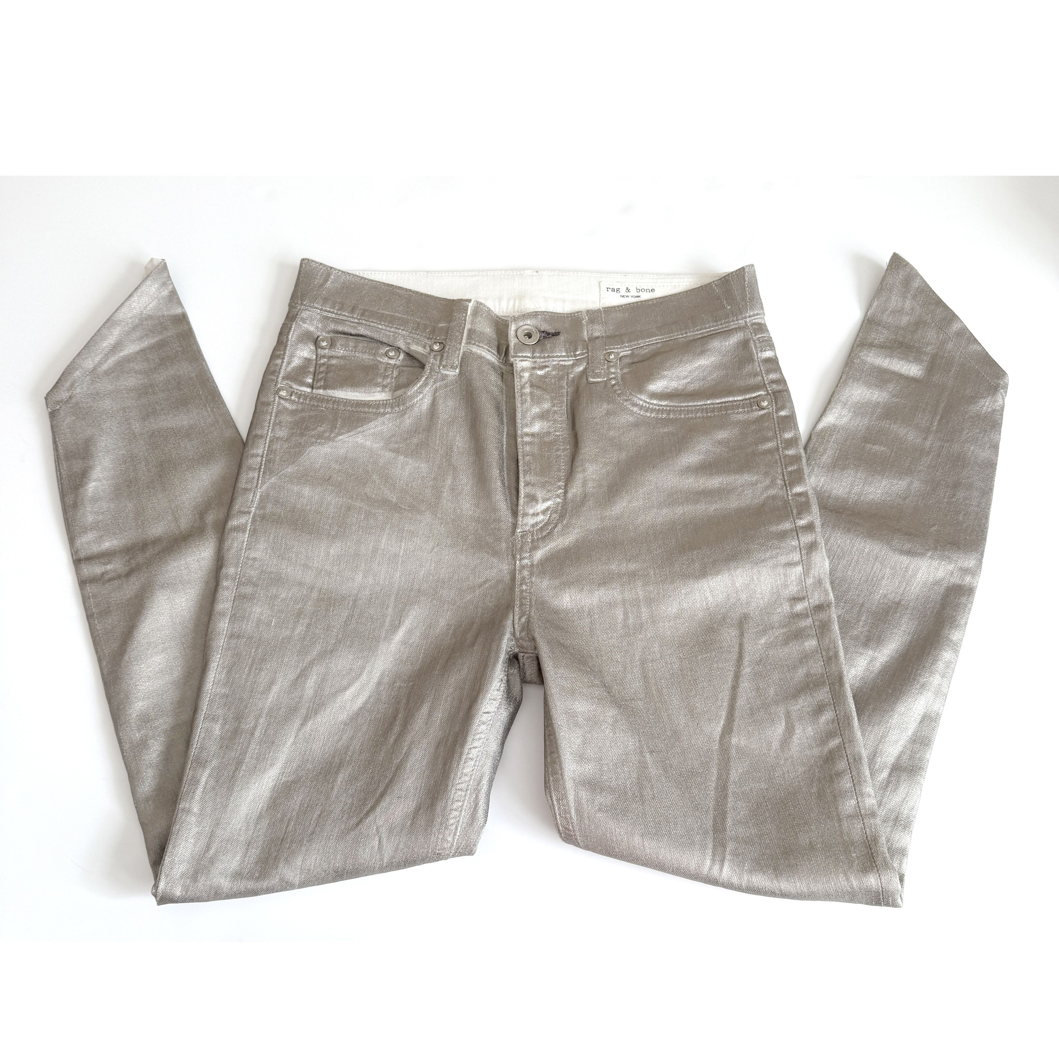 Rag & Bone Rag & Bone Metallic Silver Skinny Jeans (26) Asymmetric Size 26" / US 2 / IT 38 - 2 Thumbnail