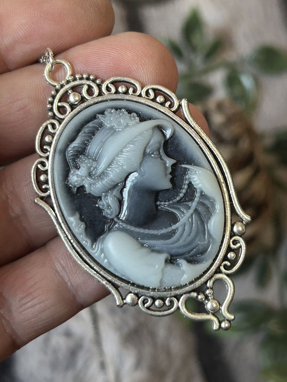 Handmade Handcrafted charcoal opalescent Victorian lady necklace Size ONE SIZE - 1 Thumbnail