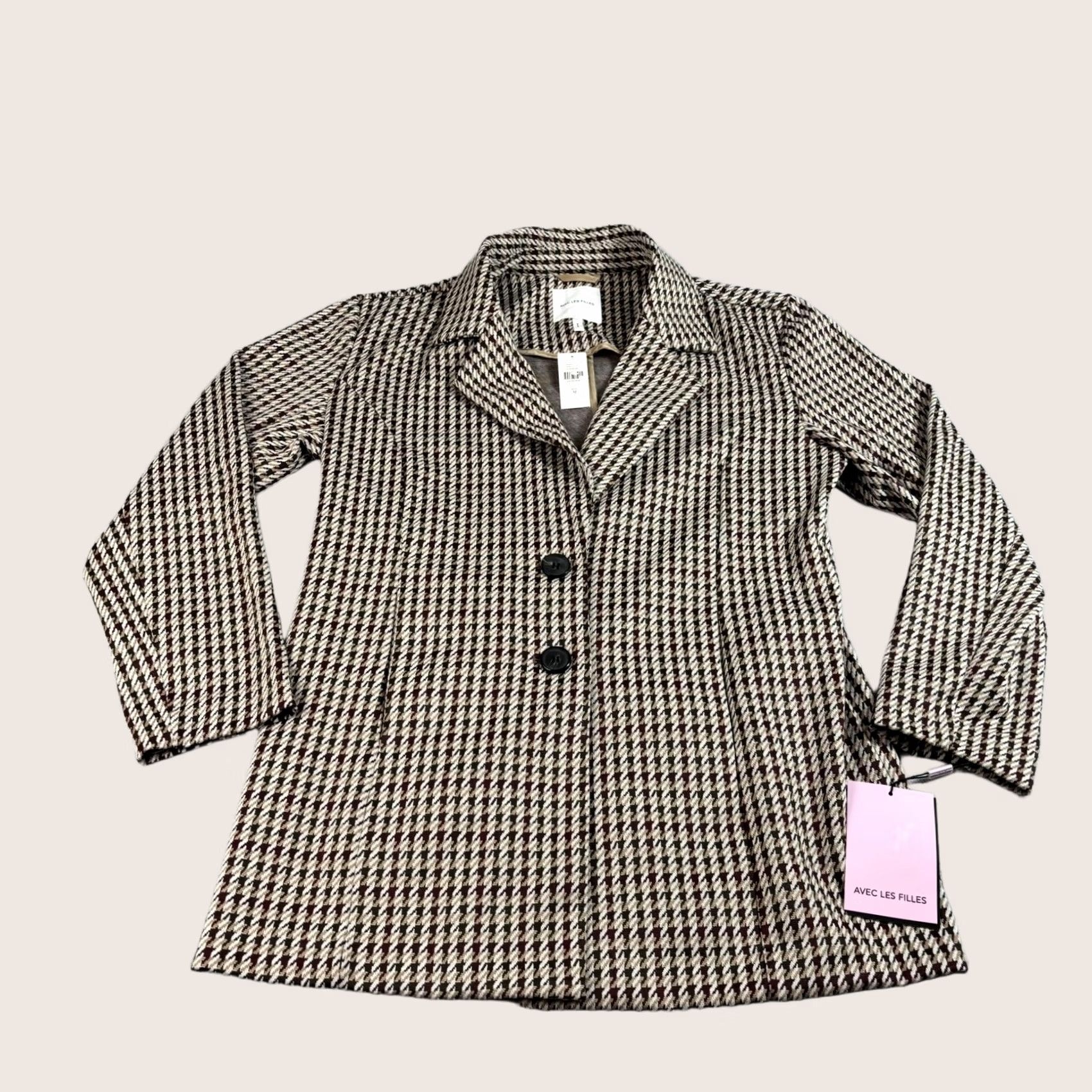 AVEC LES FILLES Avec Les Filles Coatigan Women's Medium Brown Houndstooth Overcoat Blazer Knit Pocketed Buttoned Mid-Length Unlined Fall/Winter Casual Business Size M / US 6-8 / IT 42-44 - 1 Thumbnail