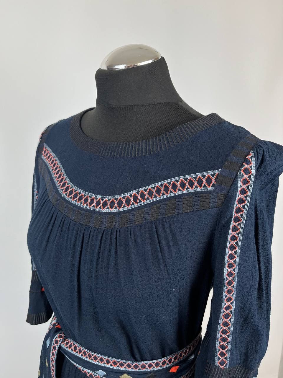 ba&sh Ba&sh Plaza Navy Embroidered Boho Mini Dress with Belt Size S / US 4 / IT 40 - 4 Thumbnail