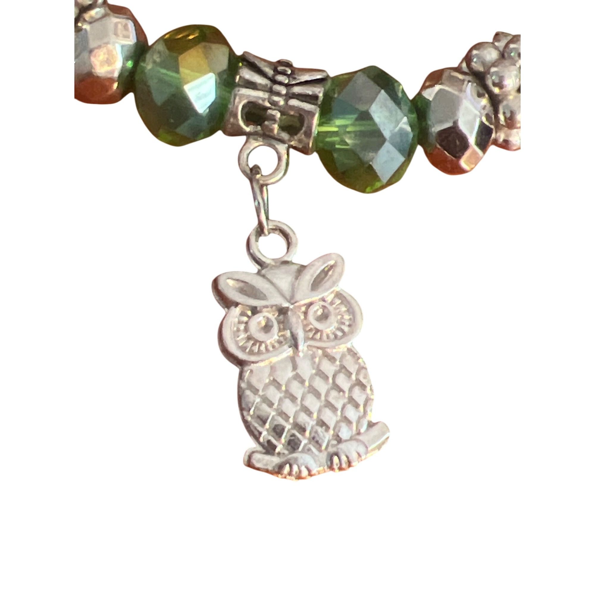 Other Silver Tone Green Faceted Glass Bead Stretch Bracelet Owl Ch Size ONE SIZE - 2 Thumbnail