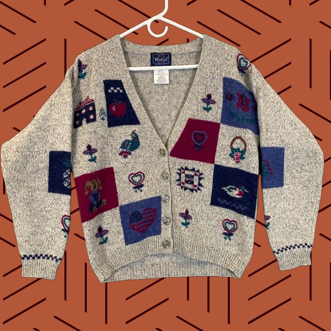 Vintage VINTAGE Woolrich Cardigan Sweater Womens Small Gray Floral Bird Deep V-Neck 90s USA Class IC Knit Lightweight Breathable Size S / US 4 / IT 40 - 1 Thumbnail