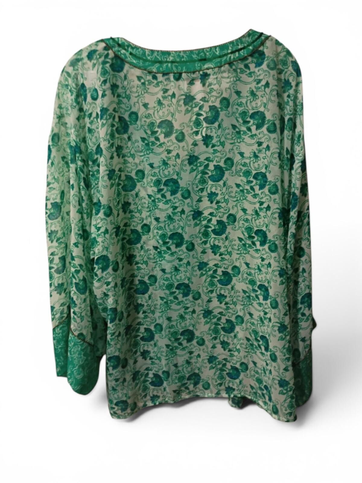 Chicos Chico's Green Floral Patterned V-Neck Blouse with Bell Slee- Size XL / US 12-14 / IT 48-50 - 2 Thumbnail