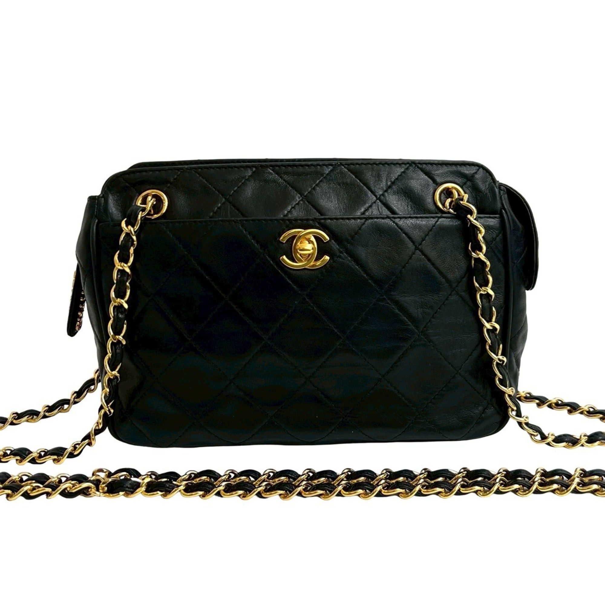 CHANEL Matelasse Coco Lambskin Leather Chain Shoulder Bag, Black 