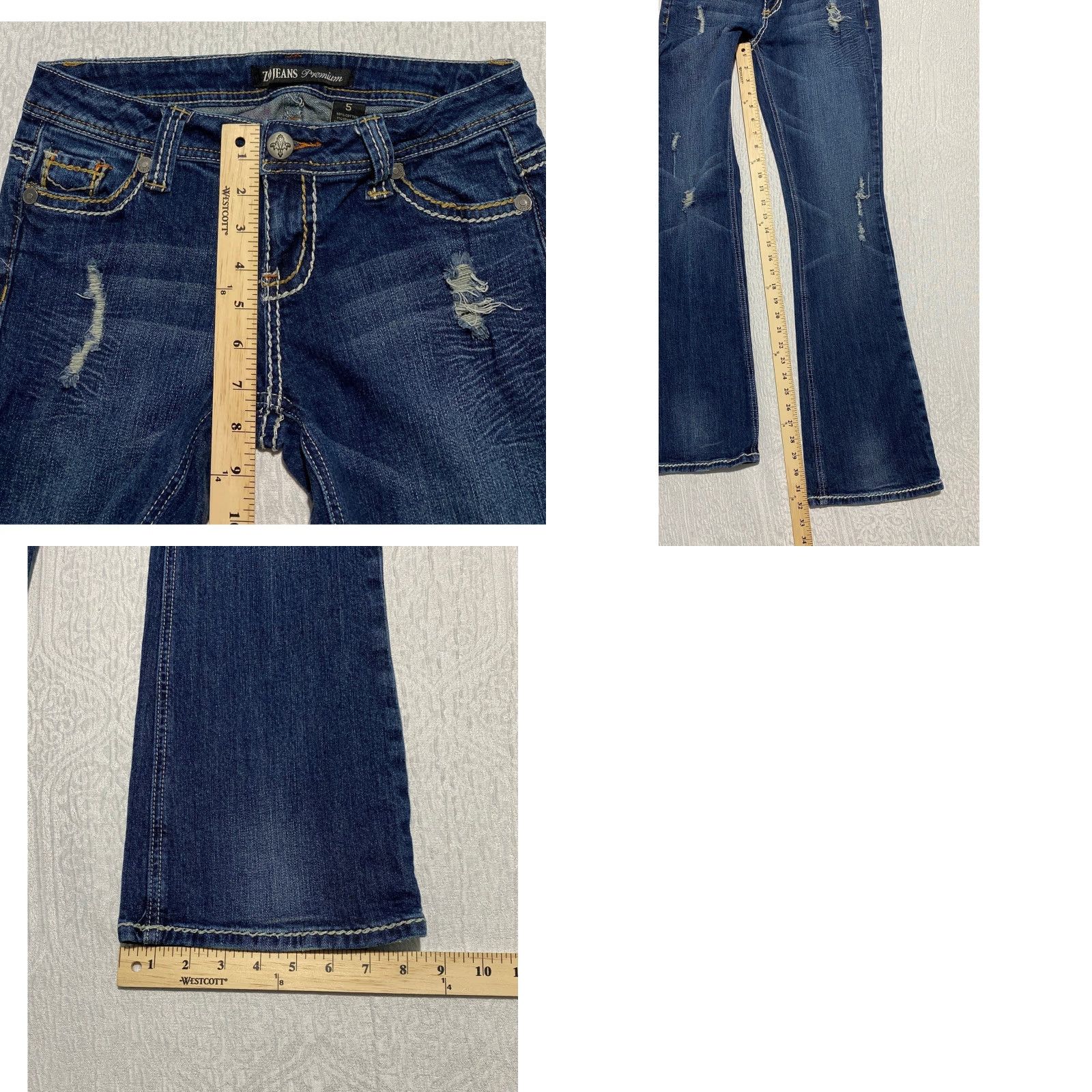 Vintage ZCO Jeans Premium Blue Bootcut Jeans Distressed Embellished 5-Pocket Design Low Rise Size 5 Womens Jeans Size 27" / US 4 / IT 40 - 8 Thumbnail