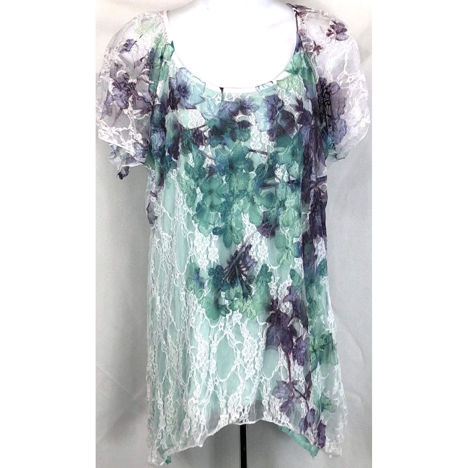 Vintage Vintage Hi Lo Lace Top L Green Purple Tie-Dye 90s Artsy Hippie Coquette Size L / US 10 / IT 46 - 2 Thumbnail