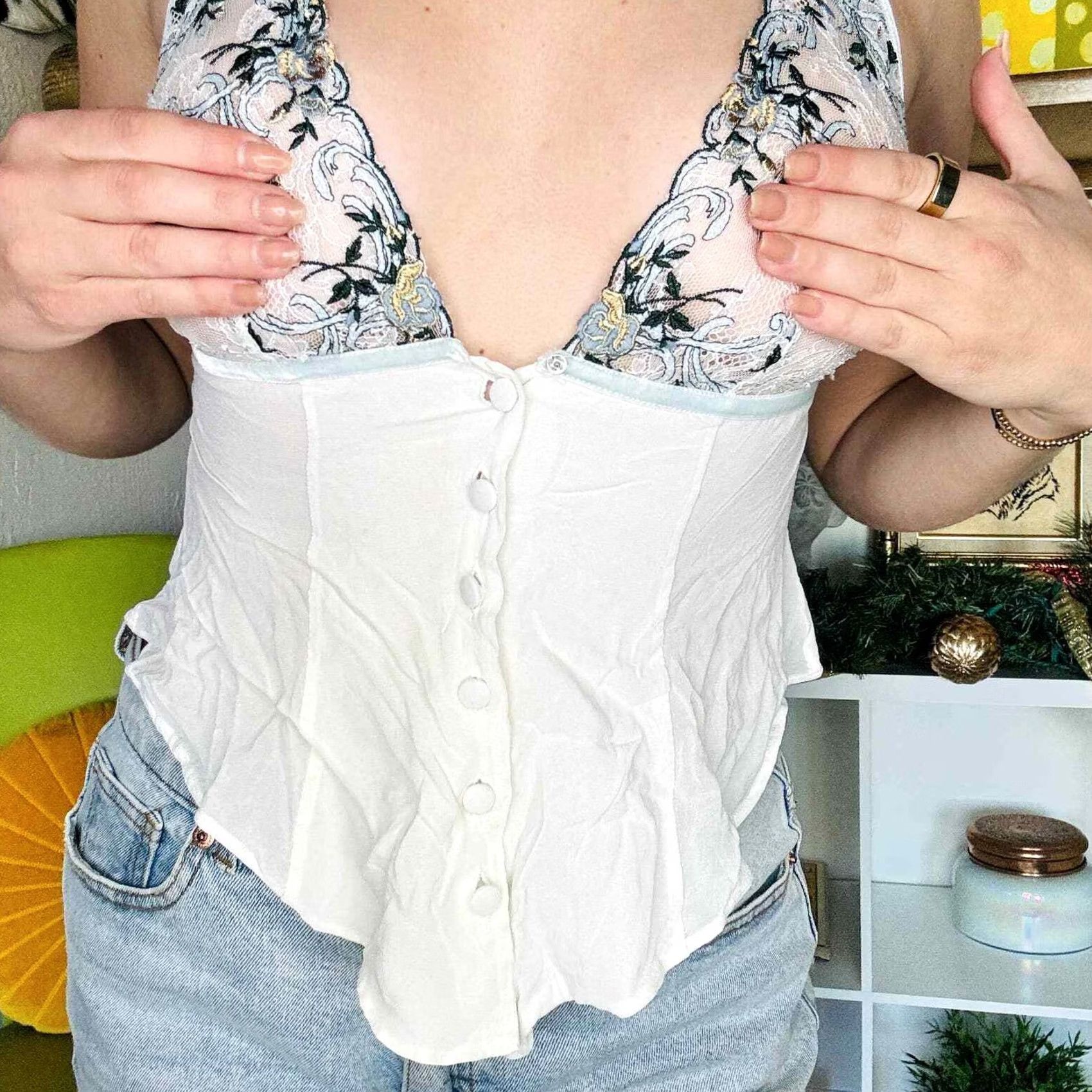La Perla La Perla Bralette Shirt Womens White Blue Floral Lace Chemise Top S MSRP 555 Size S / US 4 / IT 40 - 2 Thumbnail