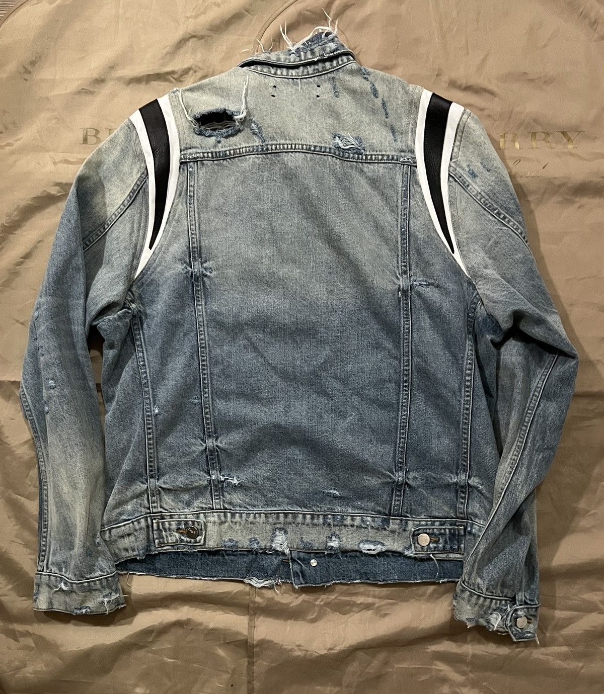 Amiri AMIRI Leather Trimmed Distressed Denim Jacket blue size XXL Size US XXL / EU 58 / 5 - 9 Thumbnail