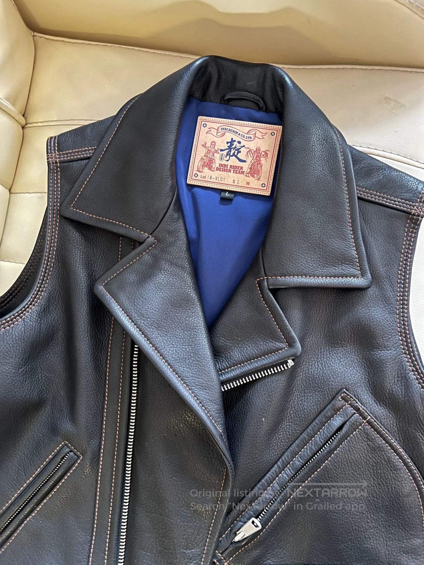 Japanese Brand INDI Leather Motorcycle Vest for Men. Size US L / EU 52-54 / 3 - 4 Thumbnail