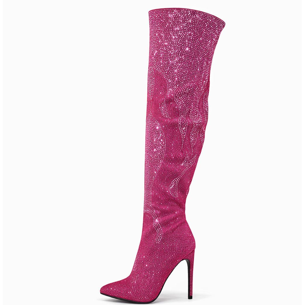 Other Like It Hot Fuchsia Rhinestone Flame Detail Sexy OTK High He Size US 6.5 / IT 36.5 - 4 Thumbnail