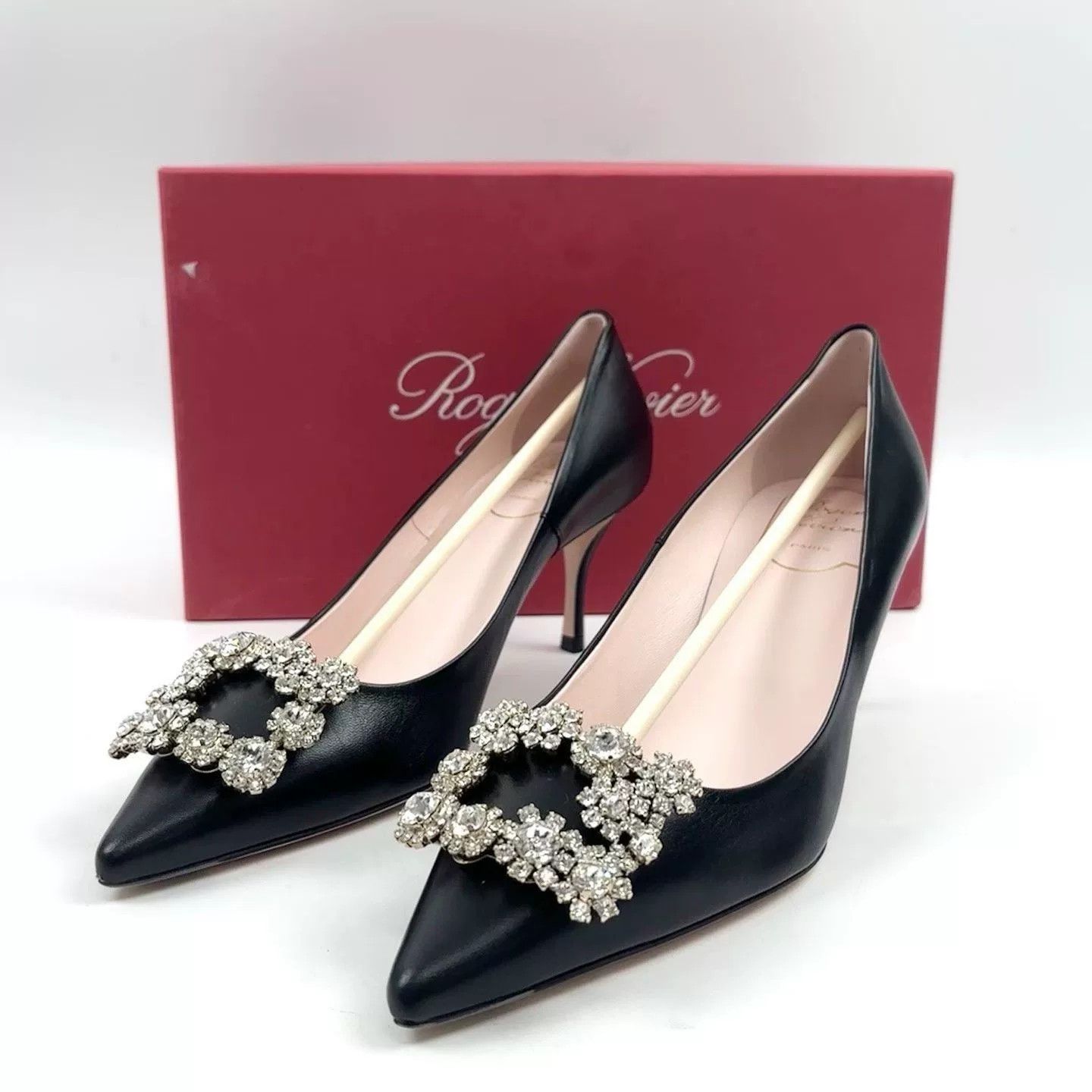 Roger Vivier RV Black Leather Diamond Buckle Heels Size US 7.5 / IT 37.5 - 1 Thumbnail