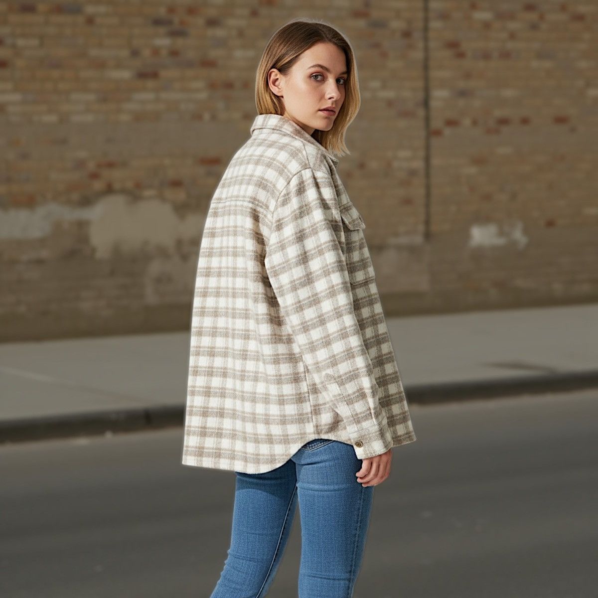 Other Oat NY Women’s Warm Plaid Pattern Tan White Shaket Sz L Size L / US 10 / IT 46 - 4 Thumbnail