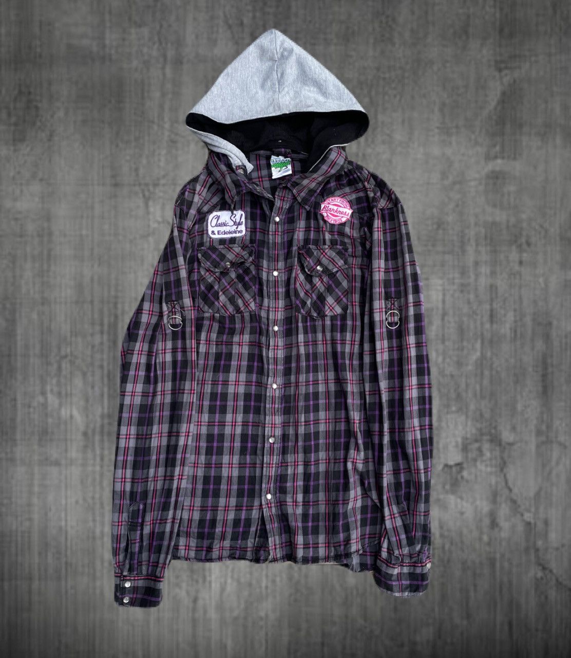 If Six Was Nine 2000s Japanese archive Vkei Patch Plaid Hooded Shirts Gyaruo Size US M / EU 48-50 / 2 - 1 Thumbnail