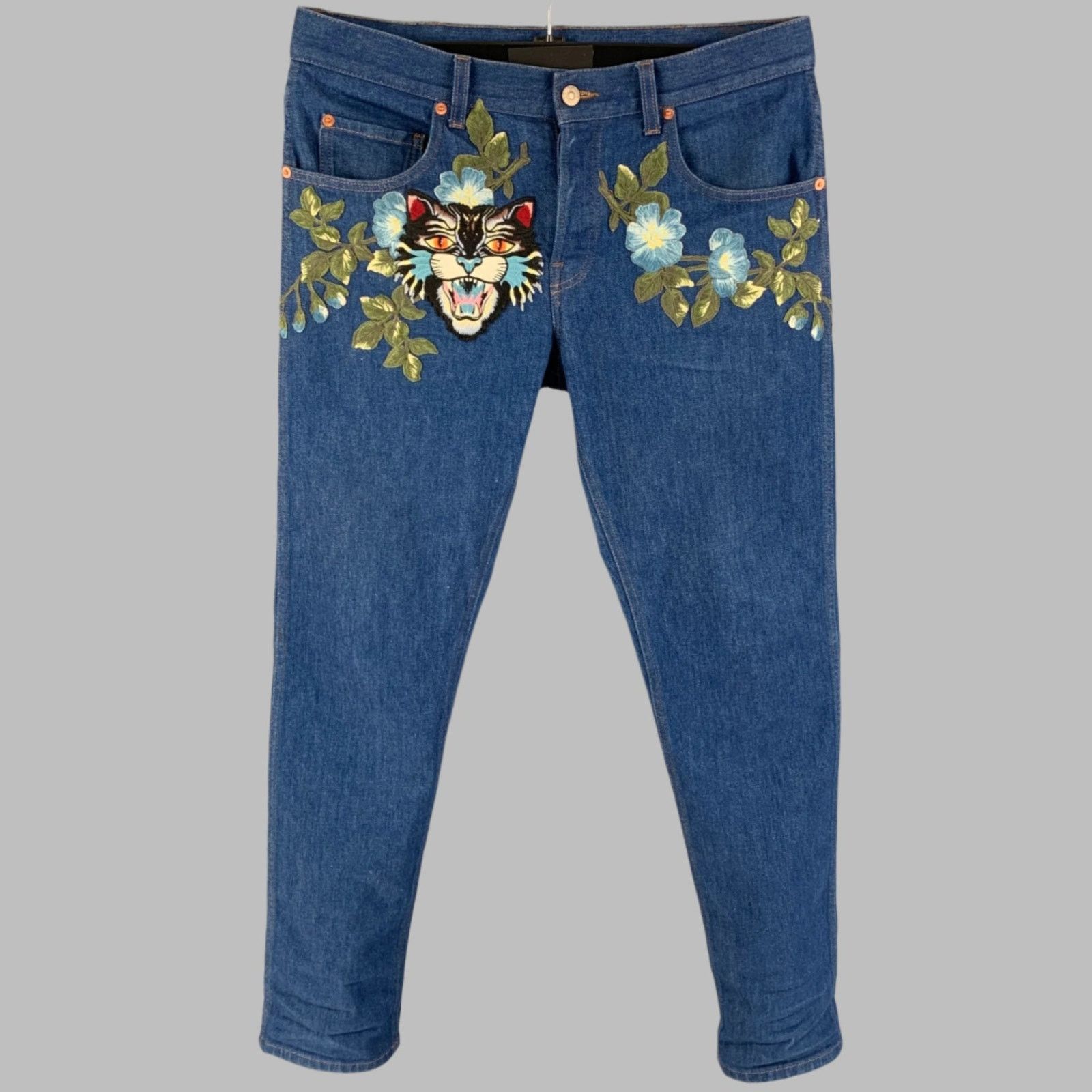Size 34 Blue Multi-Color Embroidery Denim Straight Jeans