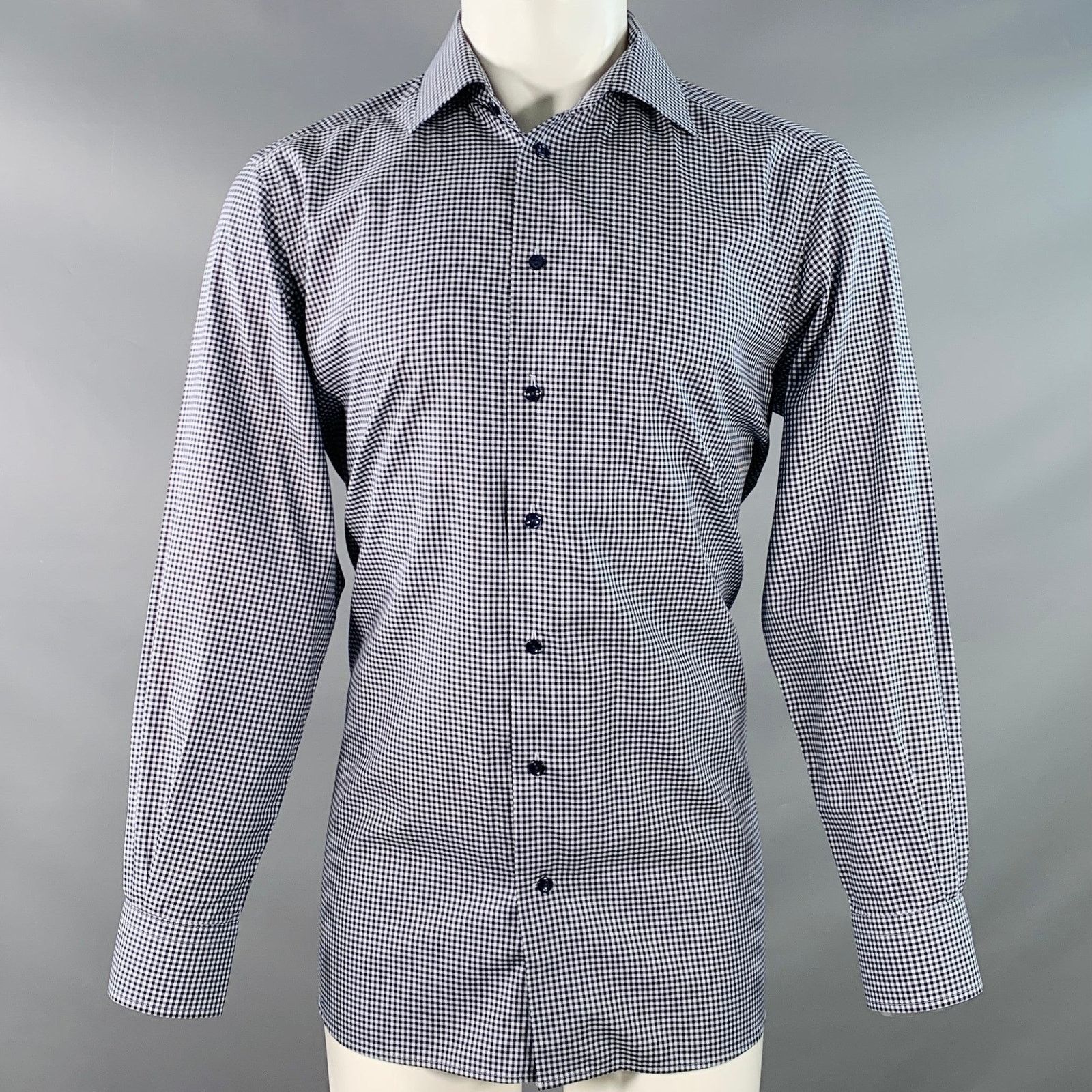Eton Navy White Gingham Cotton Curved Cutaway Long Sleeve Shirt Size US M / EU 48-50 / 2 - 1 Thumbnail