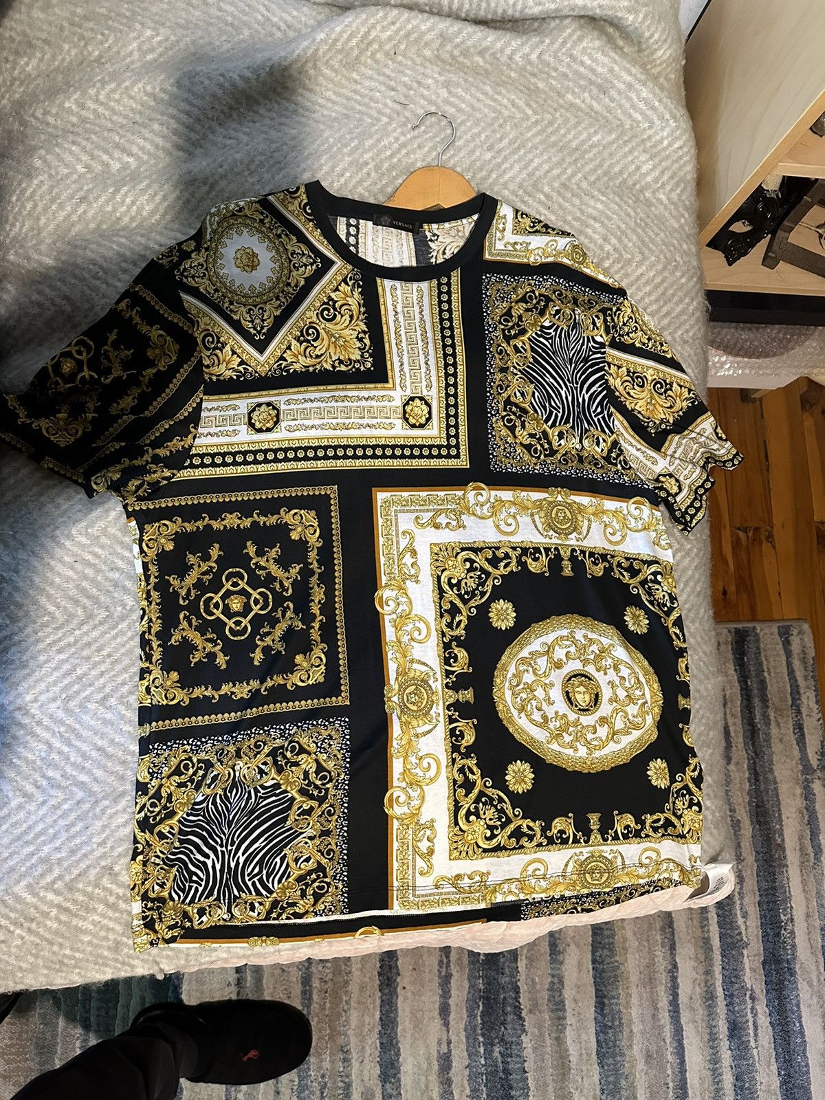 image of Versace Patterned Short Sleeve Shirt in Black/Gold, Men's (Size 2XL)