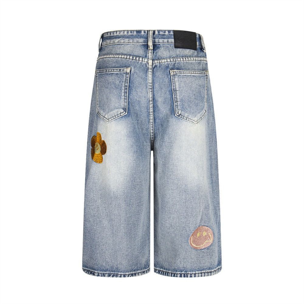 Japanese Brand × Vintage Men's hip-hop embroidered flower denim straight shorts Size US 32 / EU 48 - 2 Thumbnail