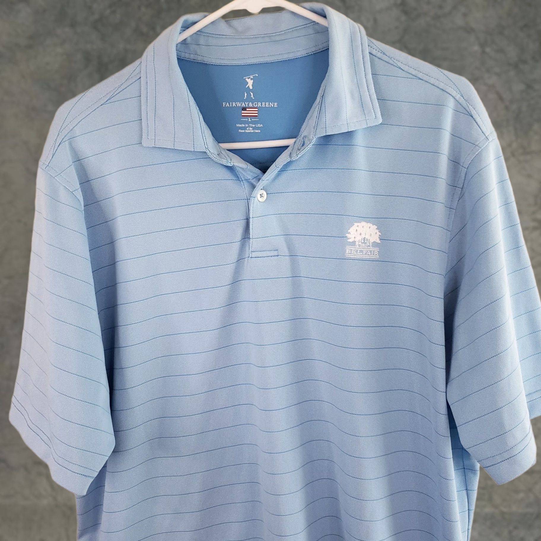 Vintage Fairway & Greene Polo Shirt Mens L Blue Stripe Belfair Logo Golf Performance Top Size US L / EU 52-54 / 3 - 1 Thumbnail