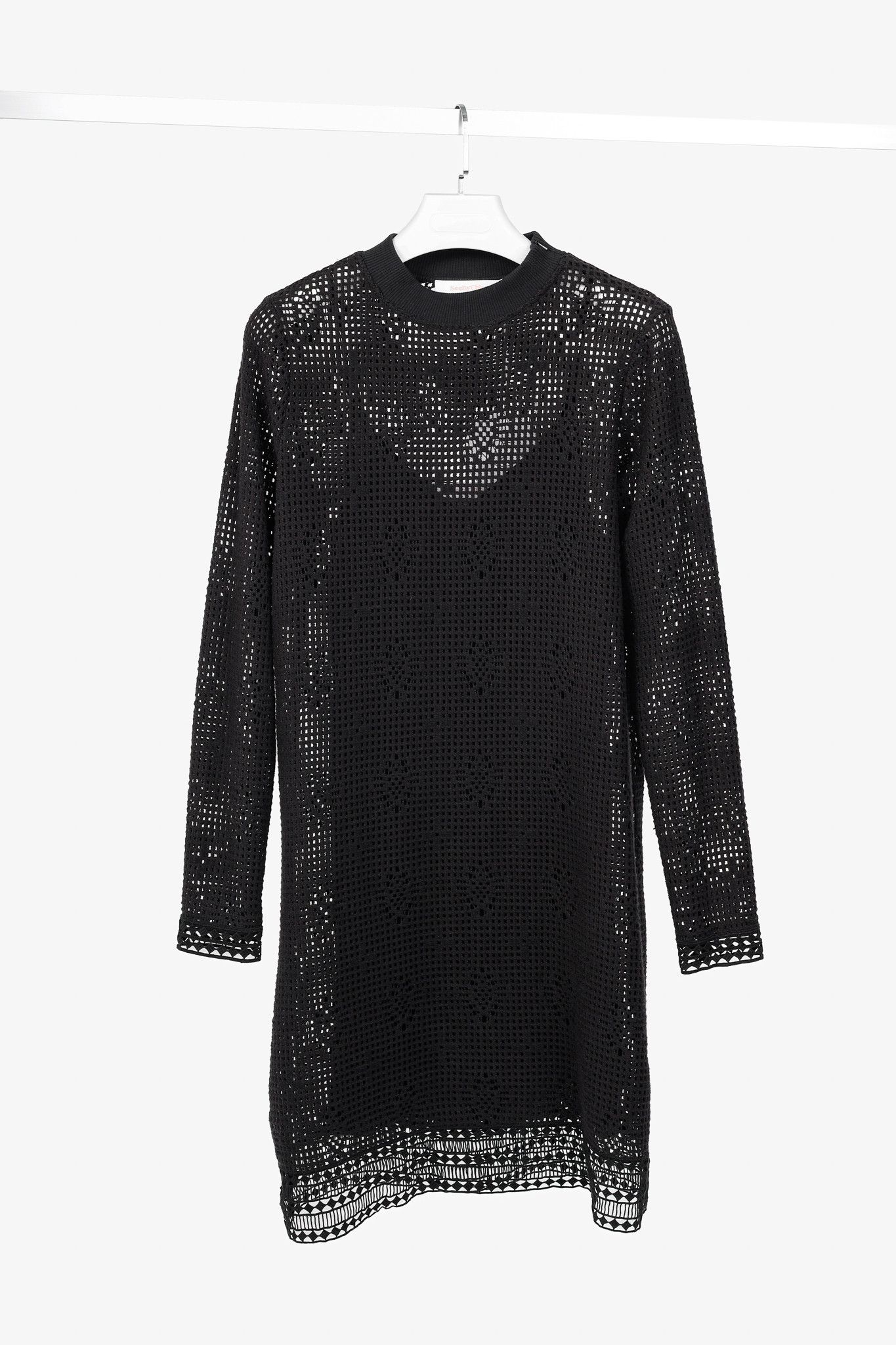 See by Chloe See by Chloe Black Crochet Long-Sleeve Mini Dress Size L / US 10 / IT 46 - 1 Thumbnail