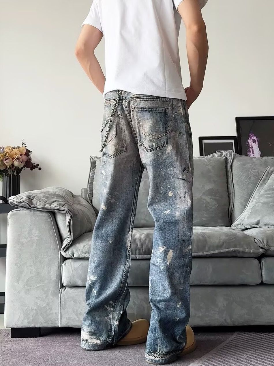 Japanese Brand Retro straight tube splashed ink printed jeans Size US 32 / EU 48 - 3 Thumbnail