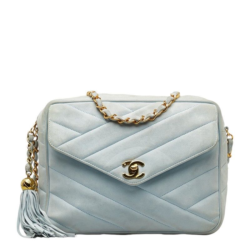 image of Chanel Cc Suede Camera Bag Shoulder Bag Suede In Fair Condition in Blue, Women's