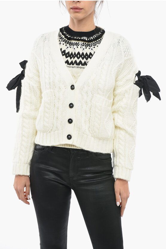 image of Red Valentino Aran Cropped Cardigan With Decorative Bow in White, Women's (Size XS)