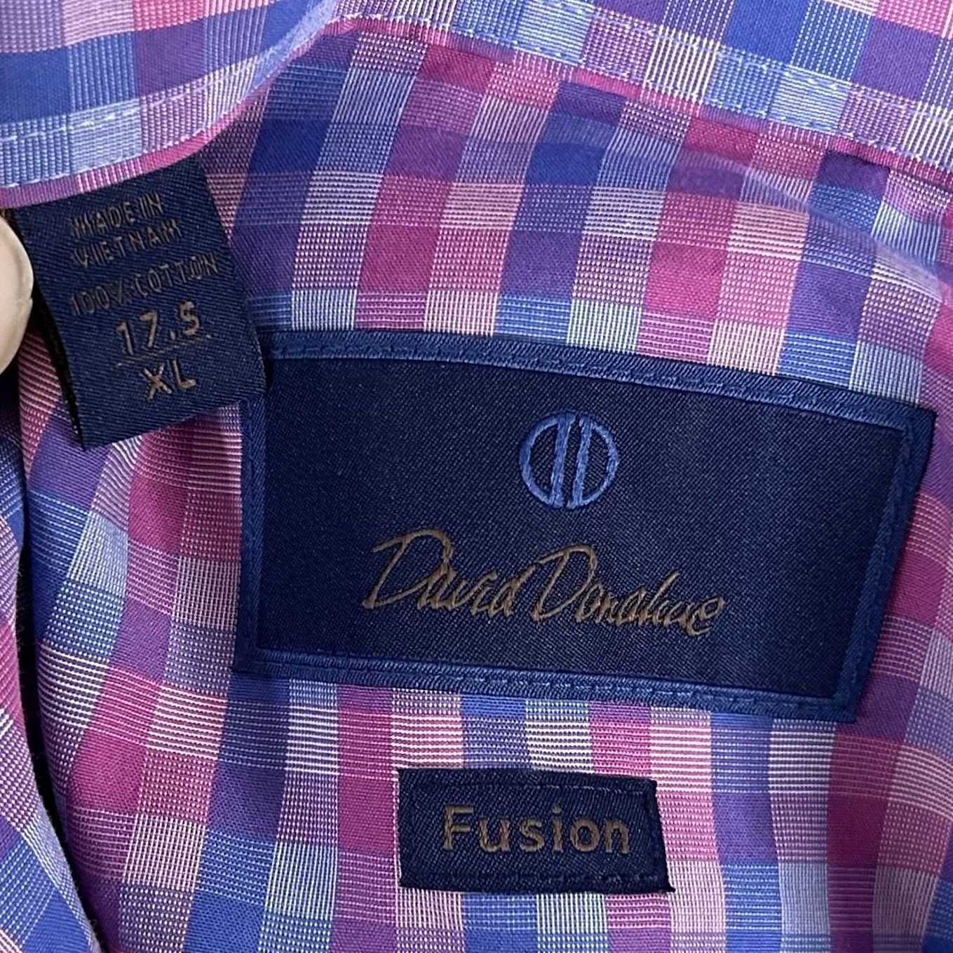 David Donahue David Donahue Dress Shirt Plaid 100% Cotton 17.5 35 Fusion Regular Fit Pink Blue Shirt Mens Size 48R - 3 Thumbnail