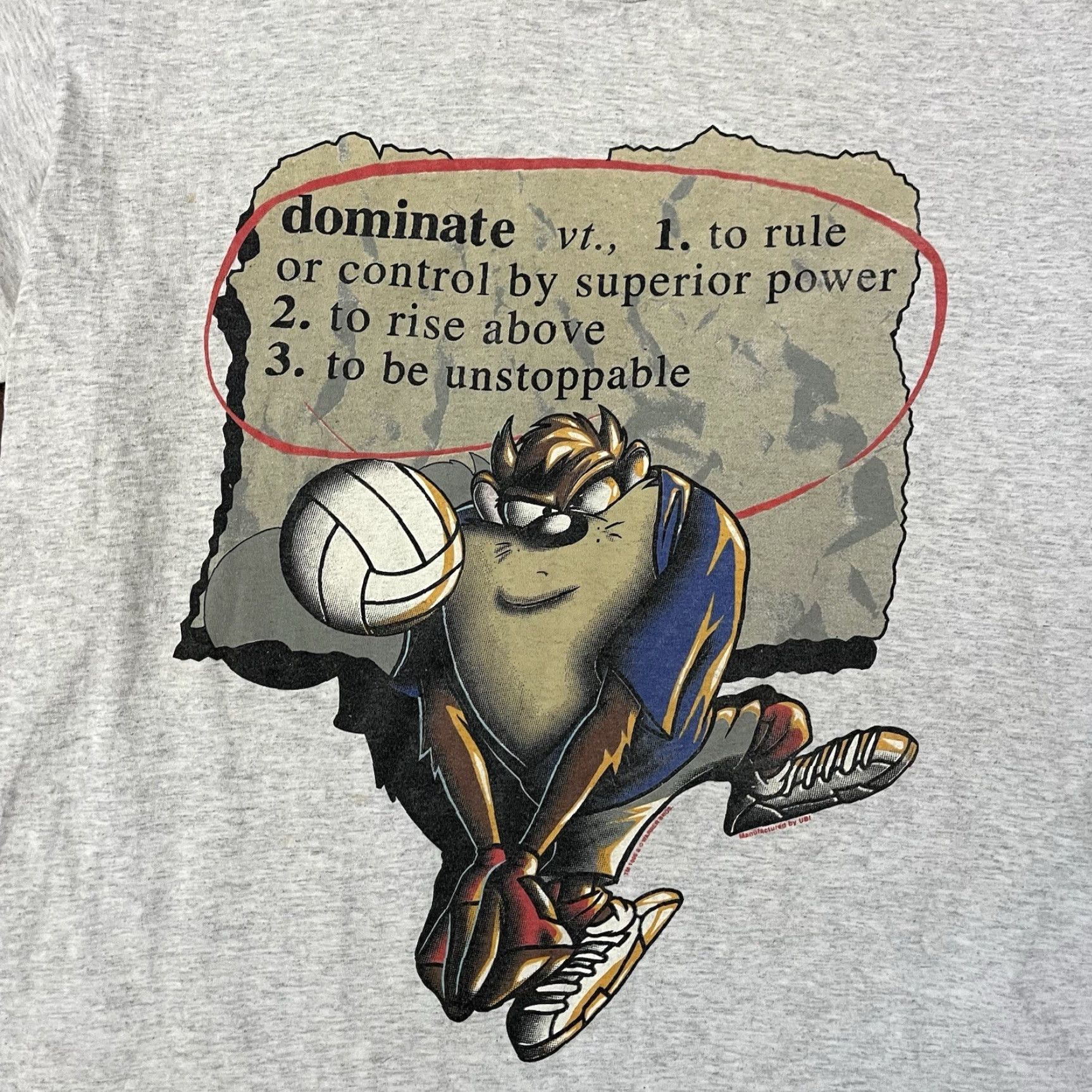 VINTAGE Looney Tunes Taz Power Slam Volleyball T-Shirt Men Large Short Sleeve Gray 90s
