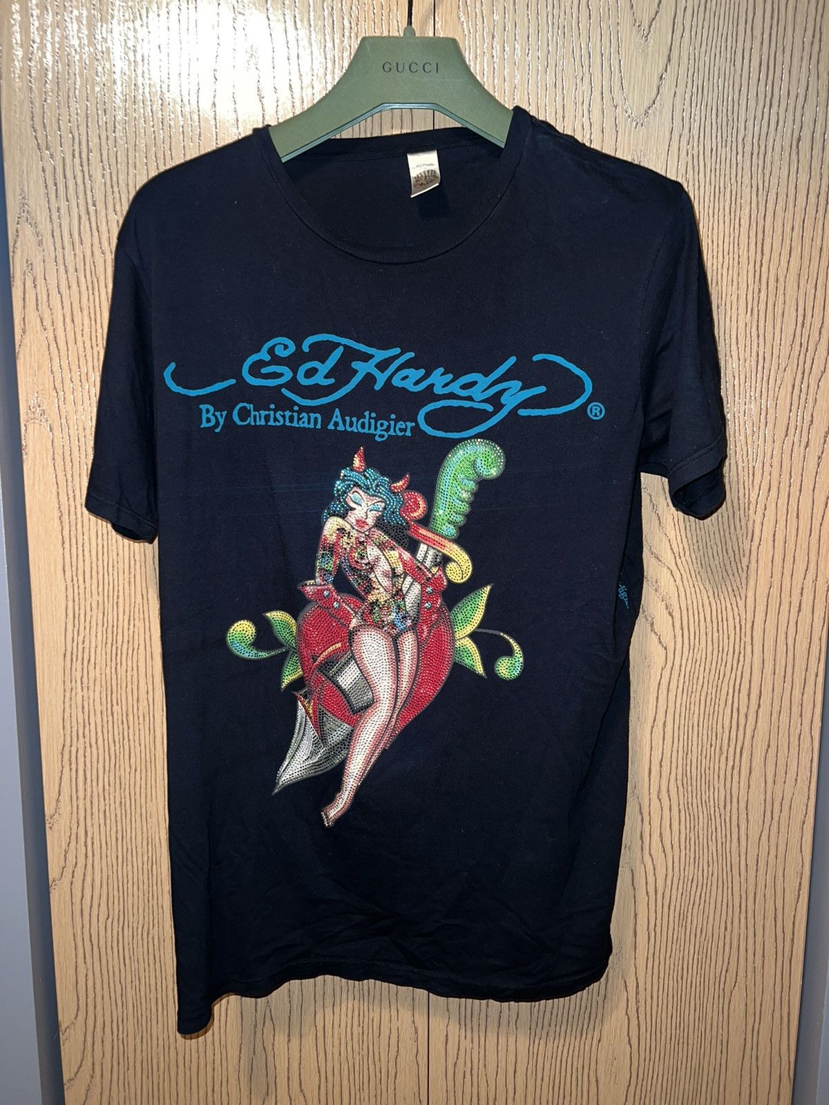 Christian Audigier × Ed Hardy × Vintage Vintage Ed Hardy Devil Women Swarovski Tee Sz L Size US L / EU 52-54 / 3 - 1 Thumbnail
