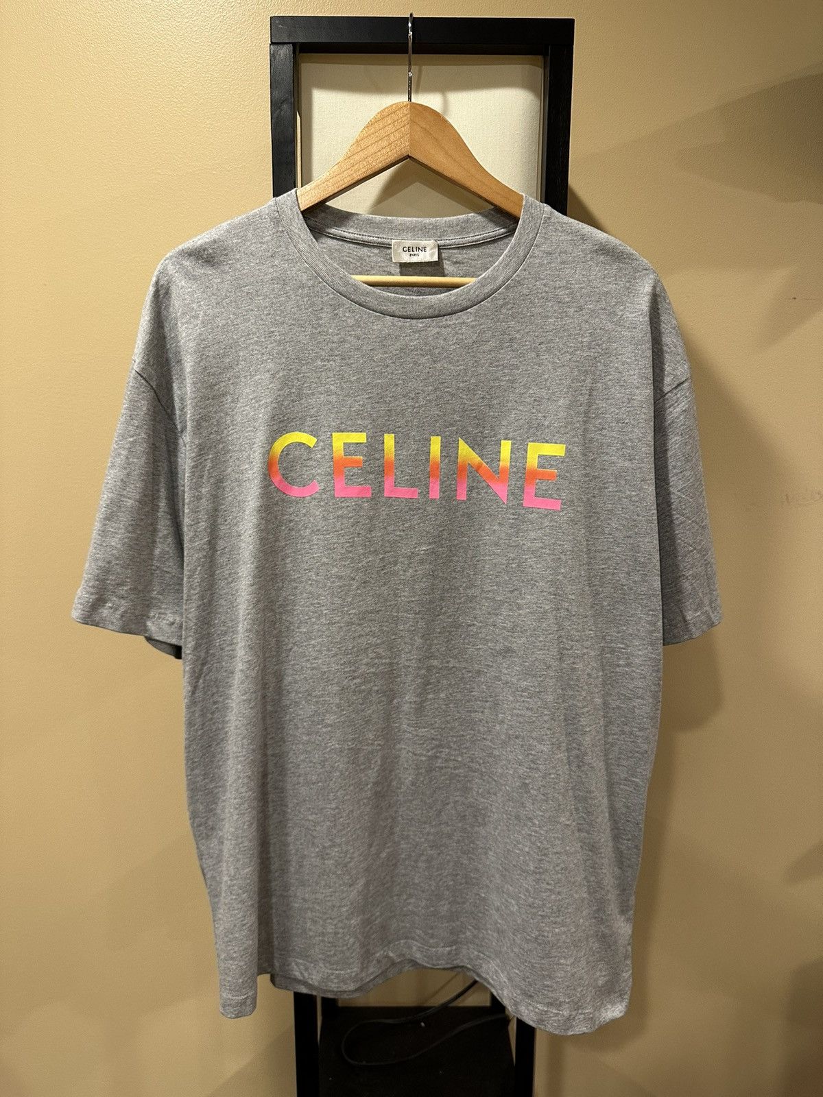 Celine Gradient Logo Print Grey Melange Loose T-Shirt