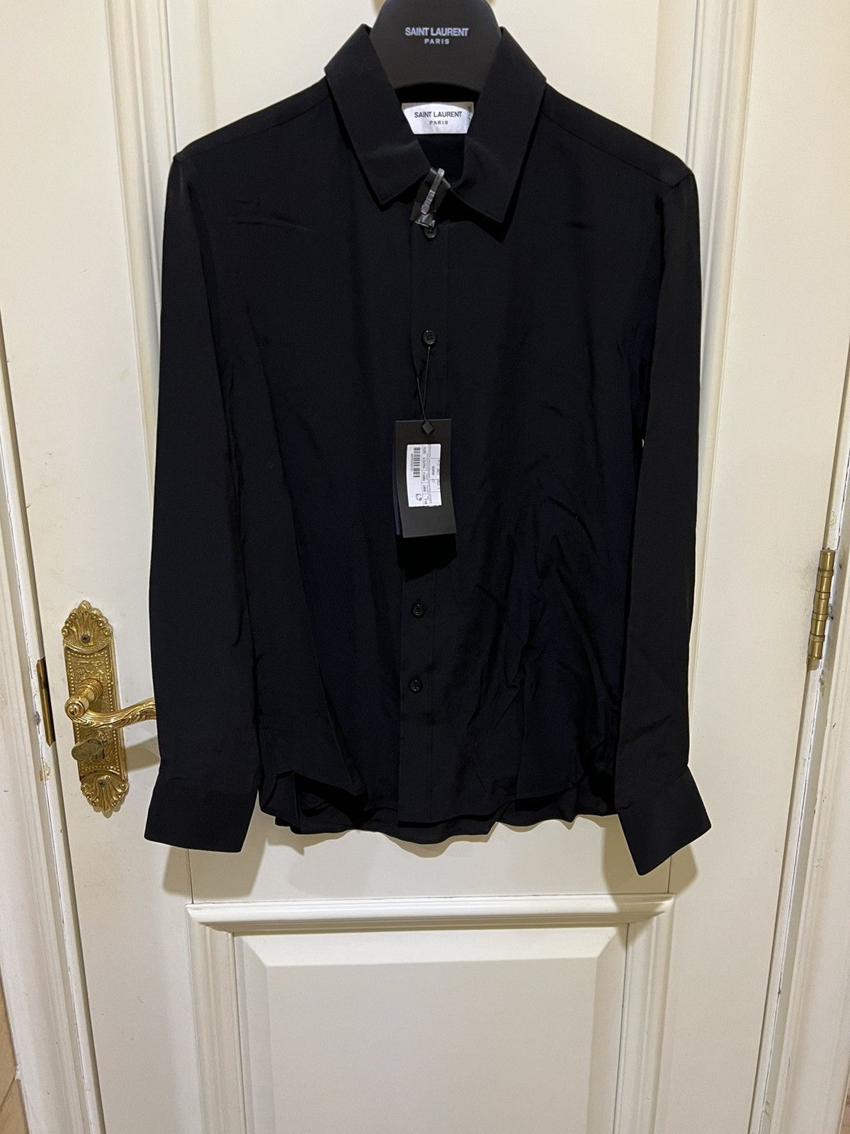 image of Saint Laurent Paris Saint Laurent Black Silk Shirt Szf40, Men's (Size Small)