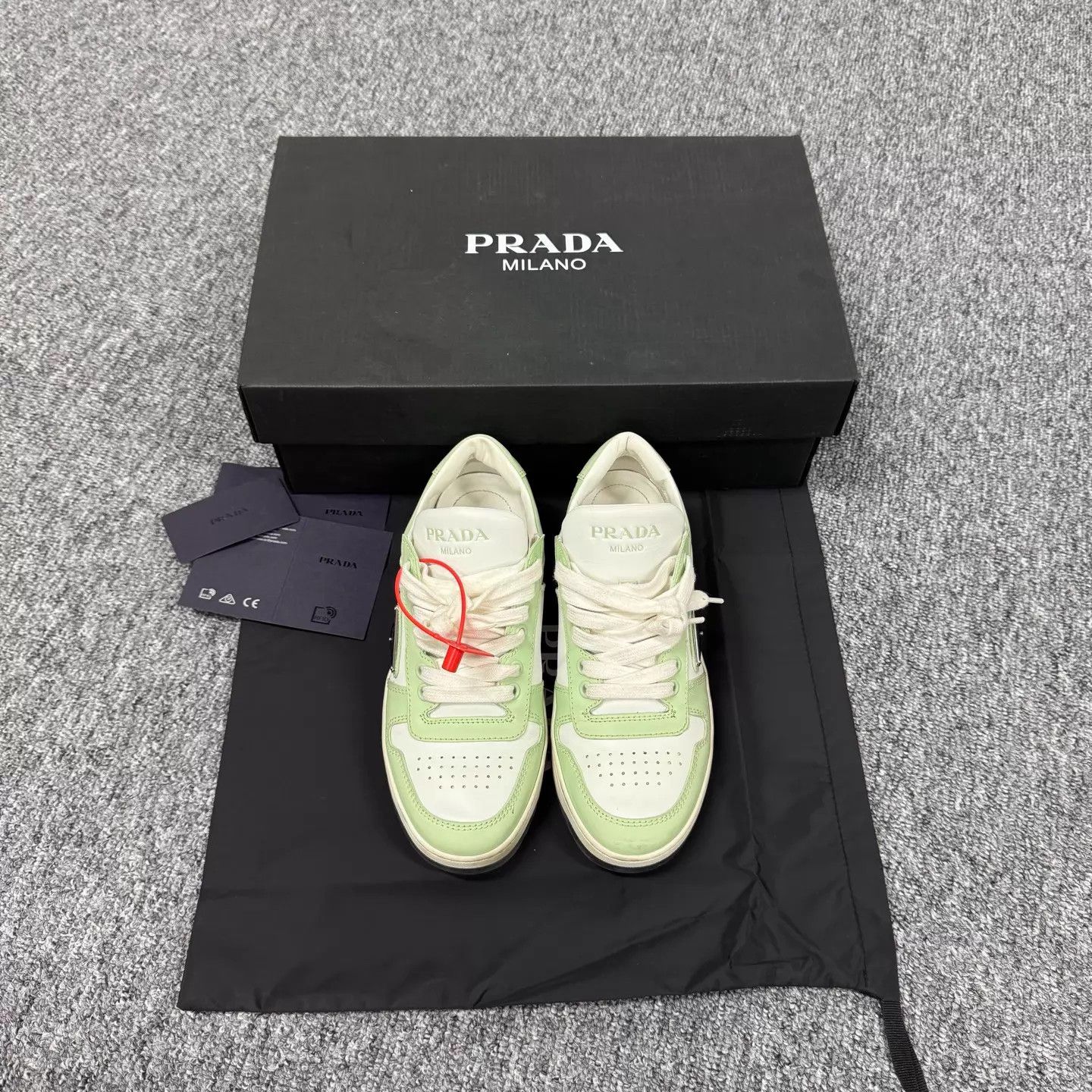 Prada Prada White Green Triangle & Letter Logo Sneakers Size US 5.5 / IT 35.5 - 3 Thumbnail
