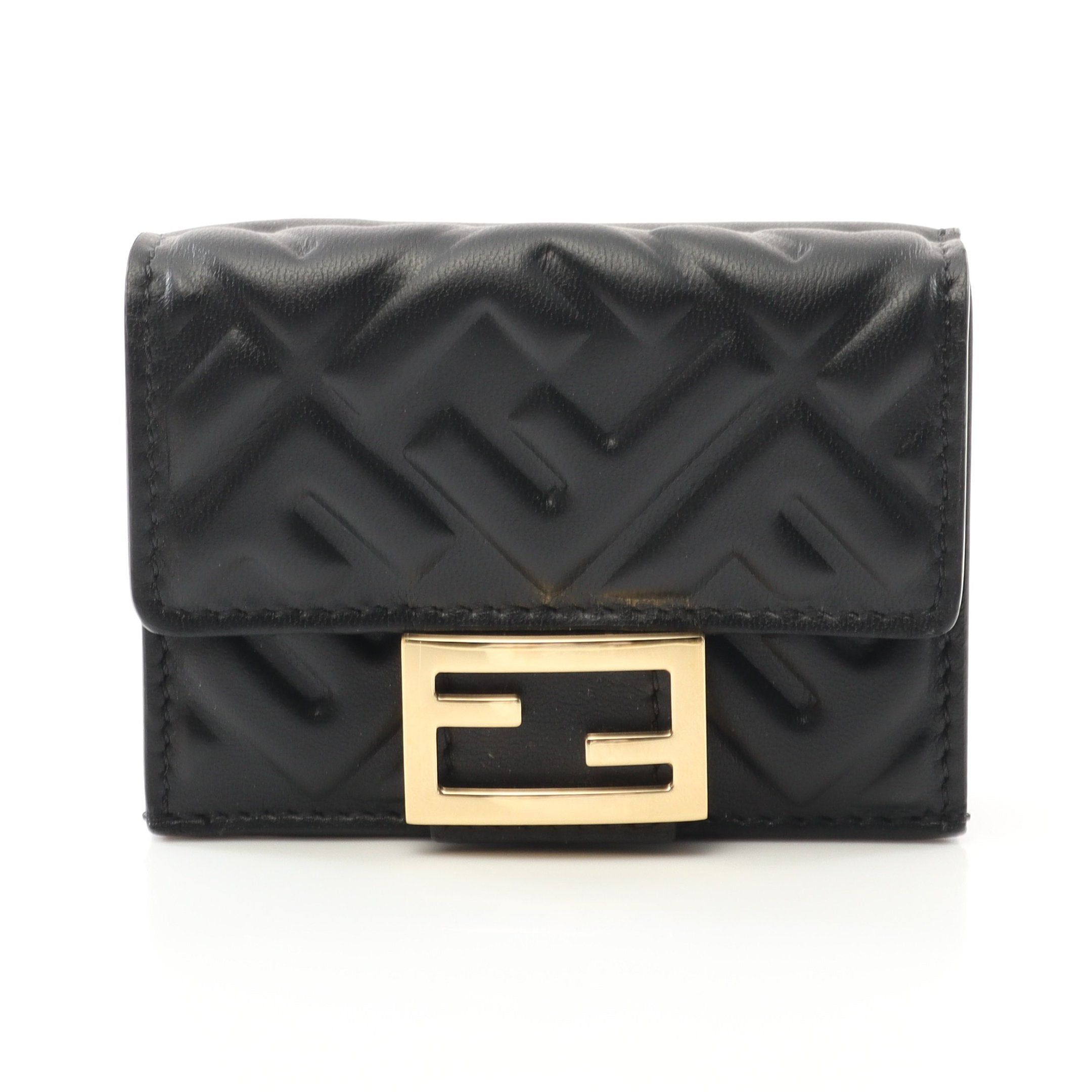 Fendi Bucket Trifold Wallet Compact Leather Black