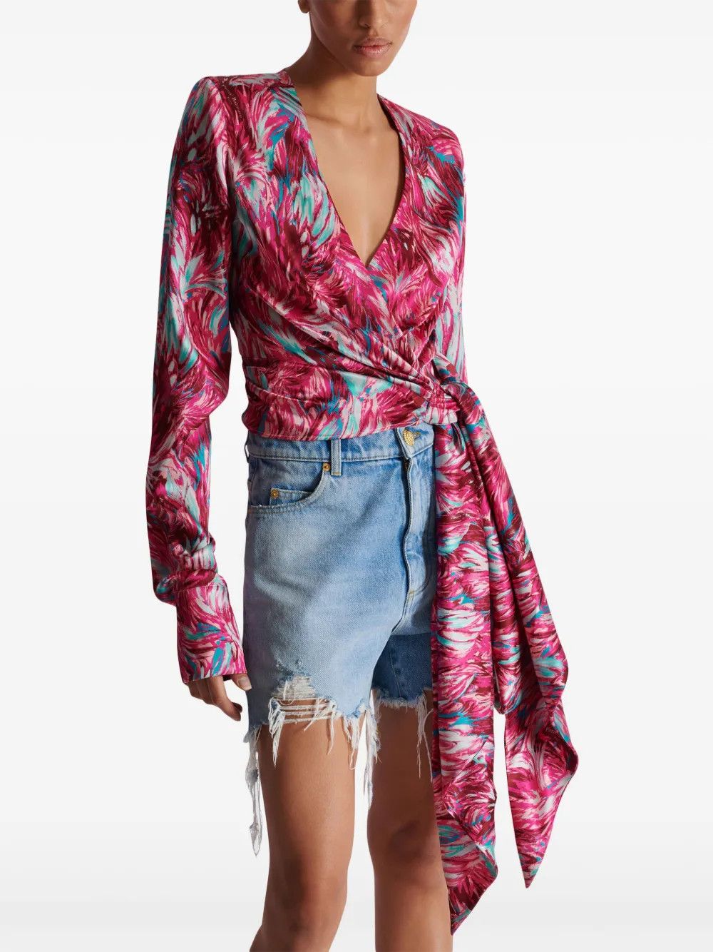 Balmain o1s1wg110825 Feather Print Silk Blouse in Pink/Blue Size M / US 6-8 / IT 42-44 - 4 Thumbnail