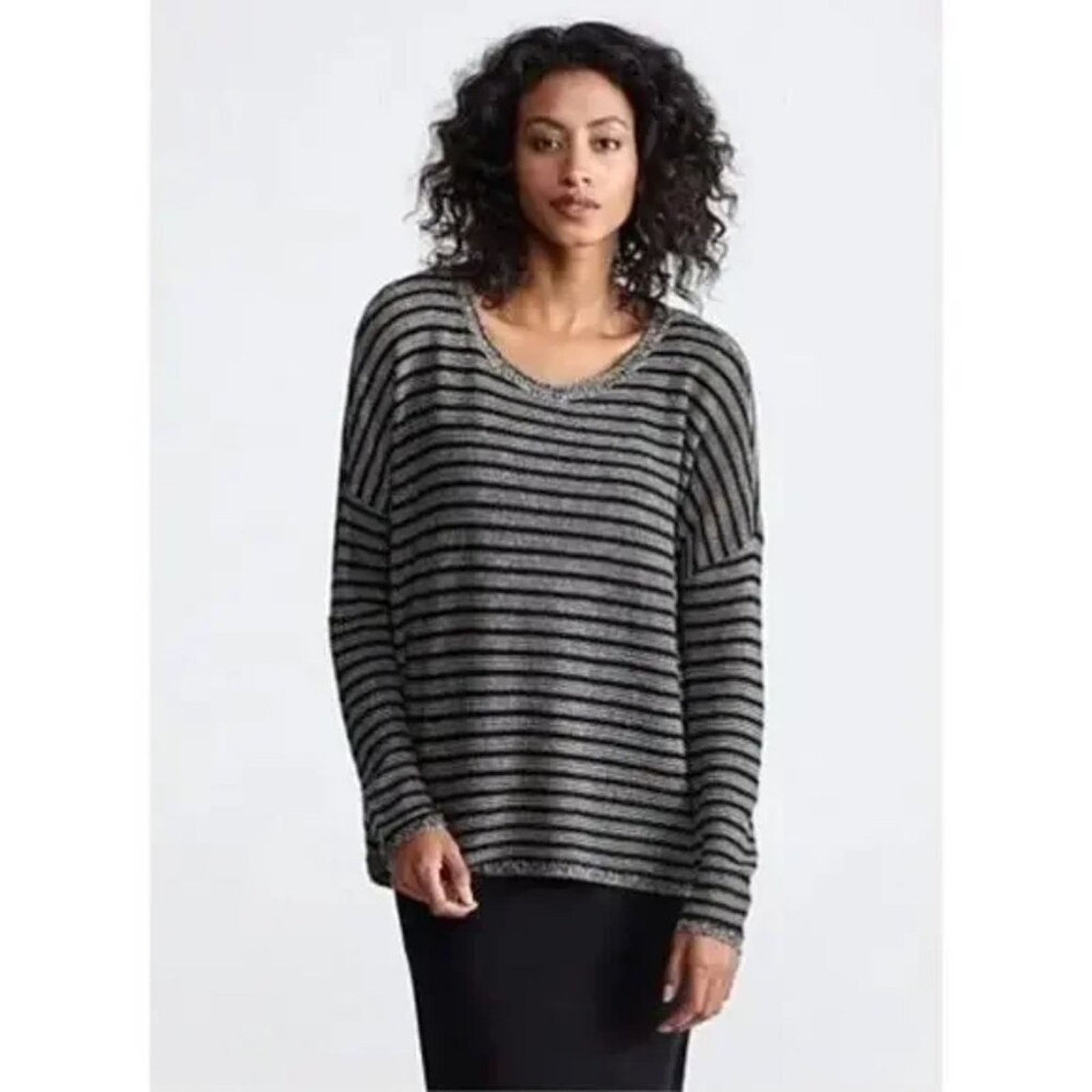 Eileen Fisher Eileen Fisher Wool Linen Stripe Boxy Sweater Italian Yarn Size XS / US 0-2 / IT 36-38 - 2 Thumbnail