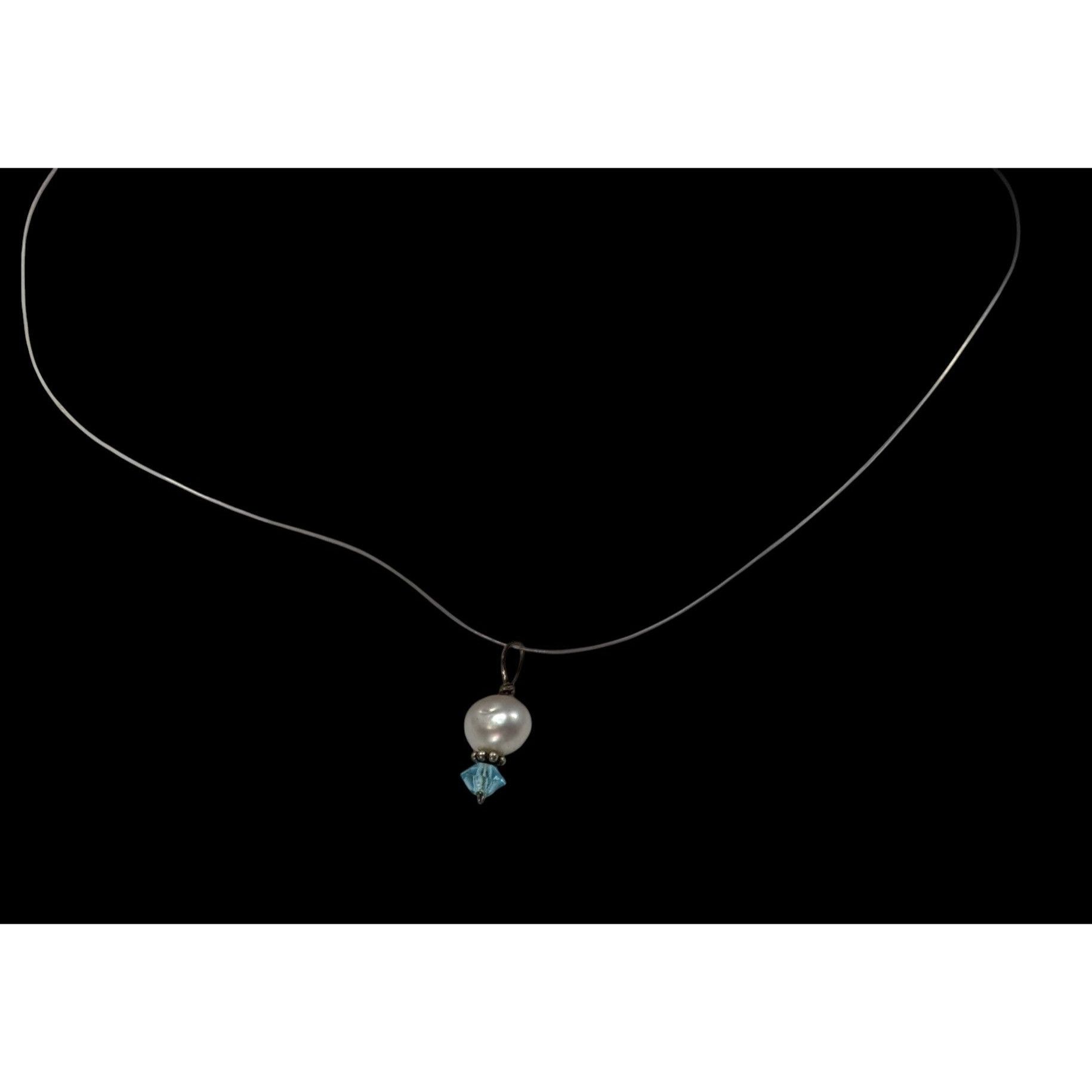 Other Dainty Pearl & Blue Crystal Pendant On Clear Wire Necklace W Size ONE SIZE - 4 Thumbnail