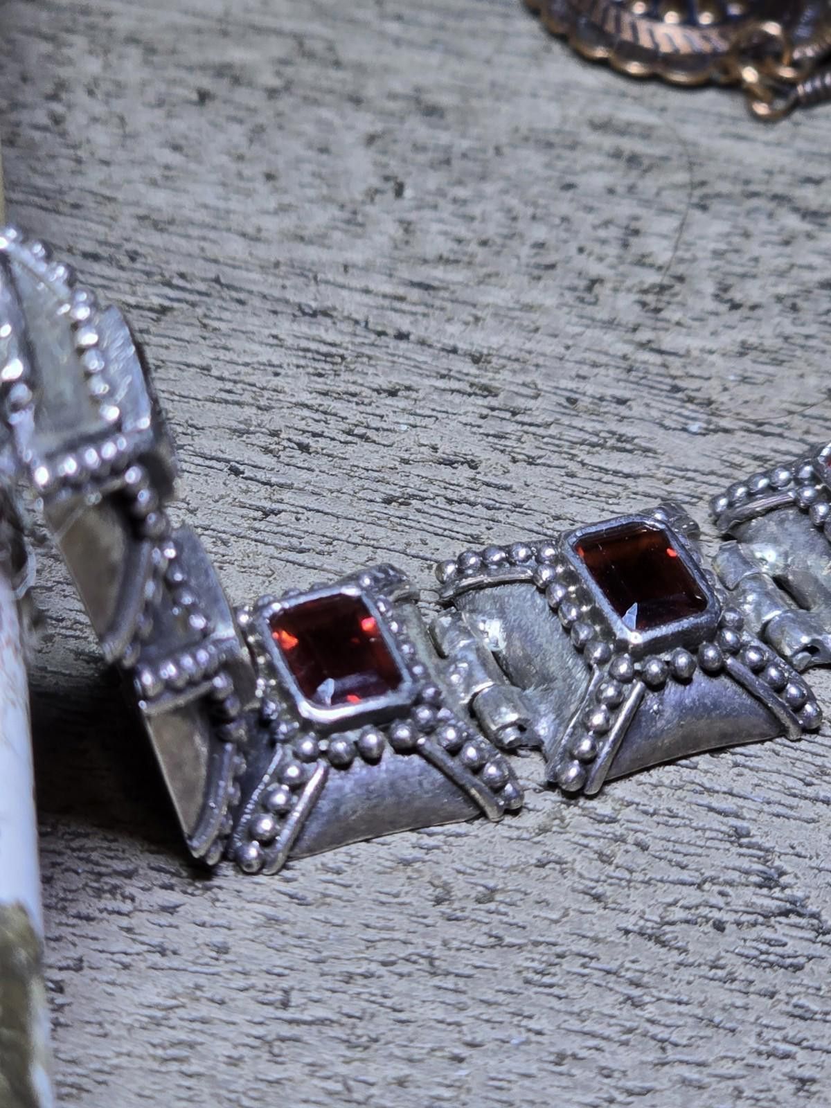 Chalk Line Vintage 925 Sterling Silver Garnet Link Bracelet 7.5" Heavy Size ONE SIZE - 9 Thumbnail