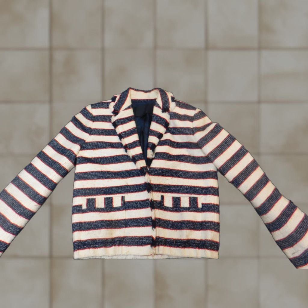J.Crew J.CREW Blazer Womens 0 Blue Beige Striped Knit Cotton Mid-Length Button - Classic Casual Fall Winter Mens Womens Girls Size XS / US 0-2 / IT 36-38 - 1 Thumbnail