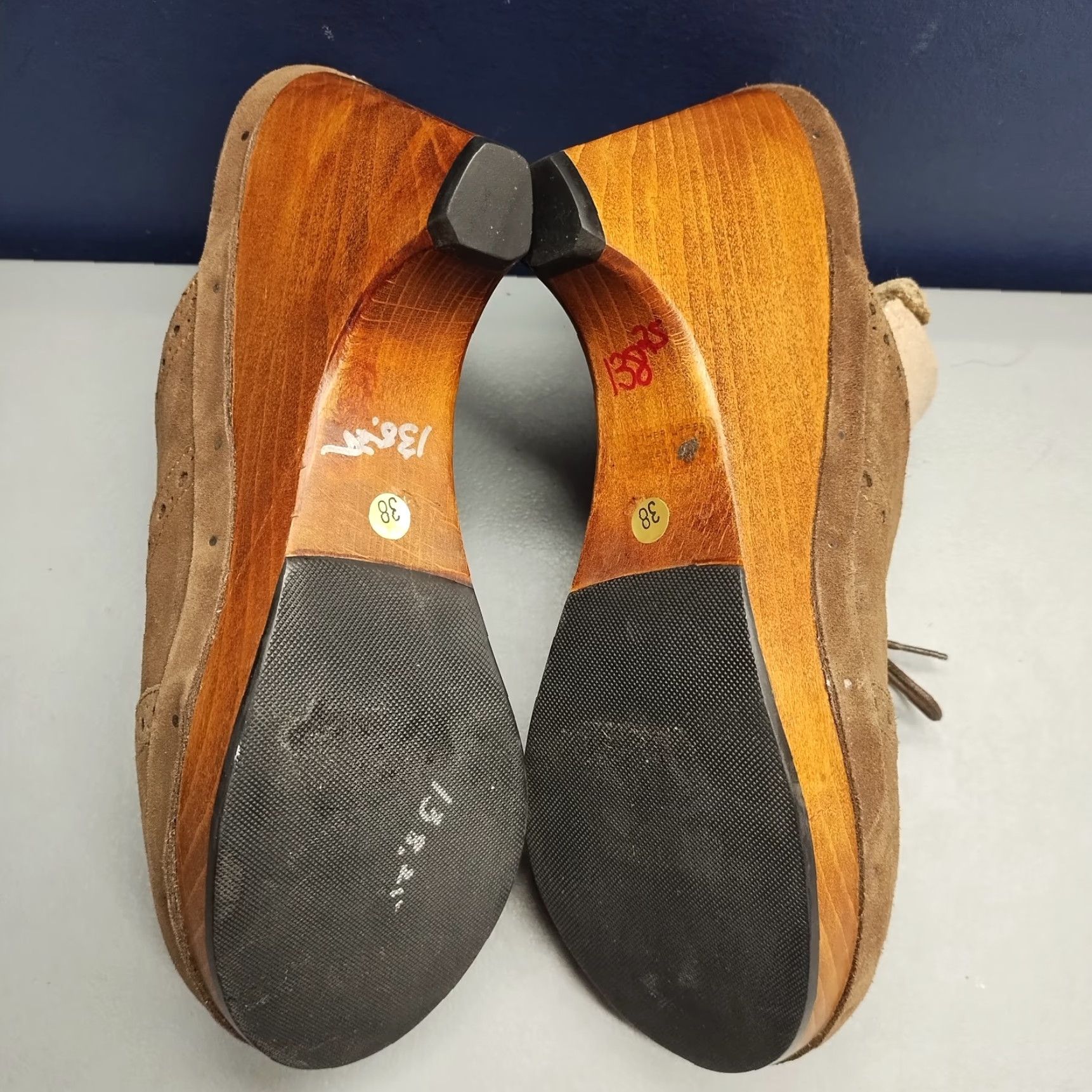 Vintage L'Autre Chose Oxford Wood Mules Womens Size 7 Brown Comfort Wedge Heel Lace Up Shoes Size US 7 / IT 37 - 7 Thumbnail