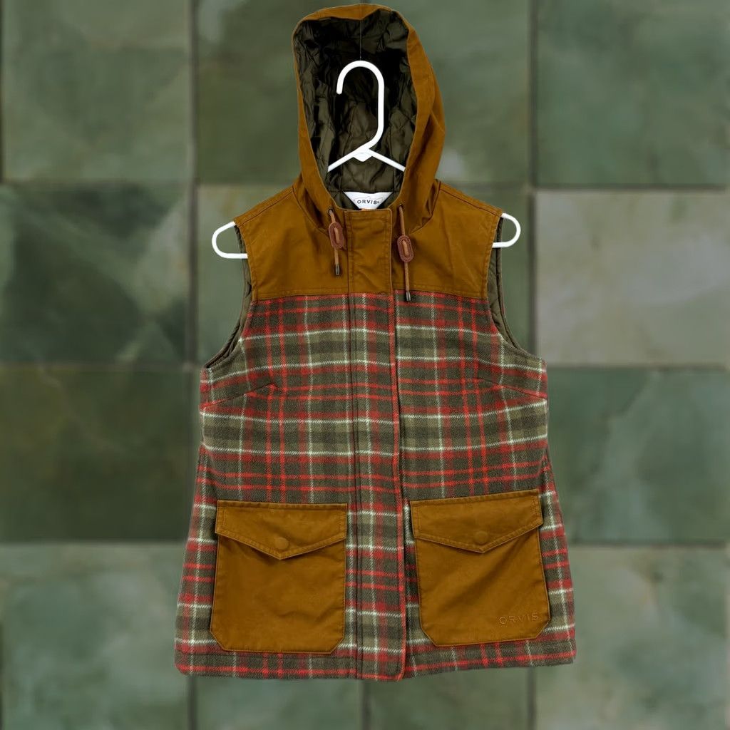 Orvis VINTAGE Orvis Vest Womens Small Brown Plaid Hooded Wool Zip Lined Utility Pocket Outdoor Size S / US 4 / IT 40 - 1 Thumbnail