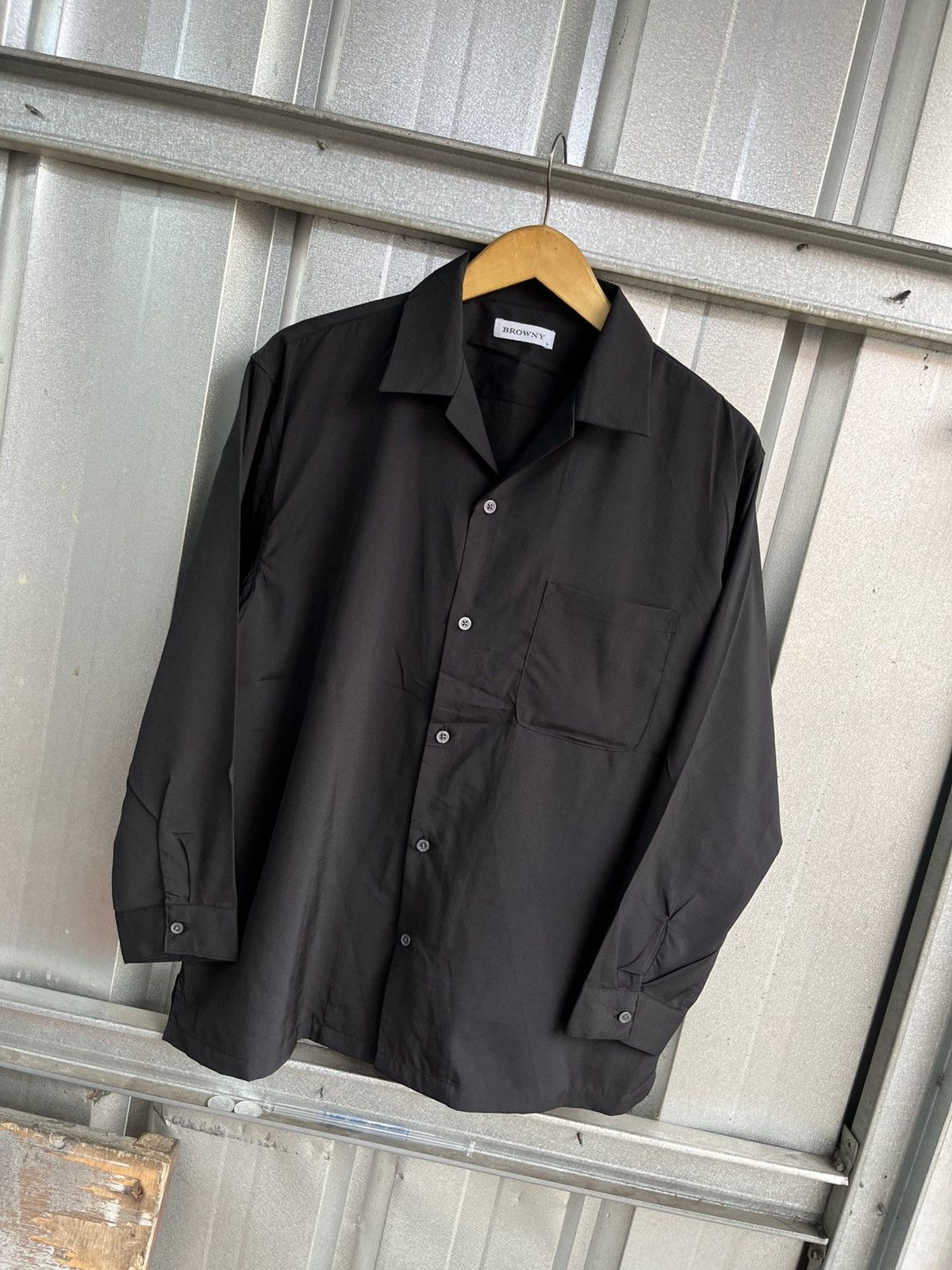 Browny Open Collar Black Long Sleeve Button Shirt, Men's (Size M) — image 3 of 6
