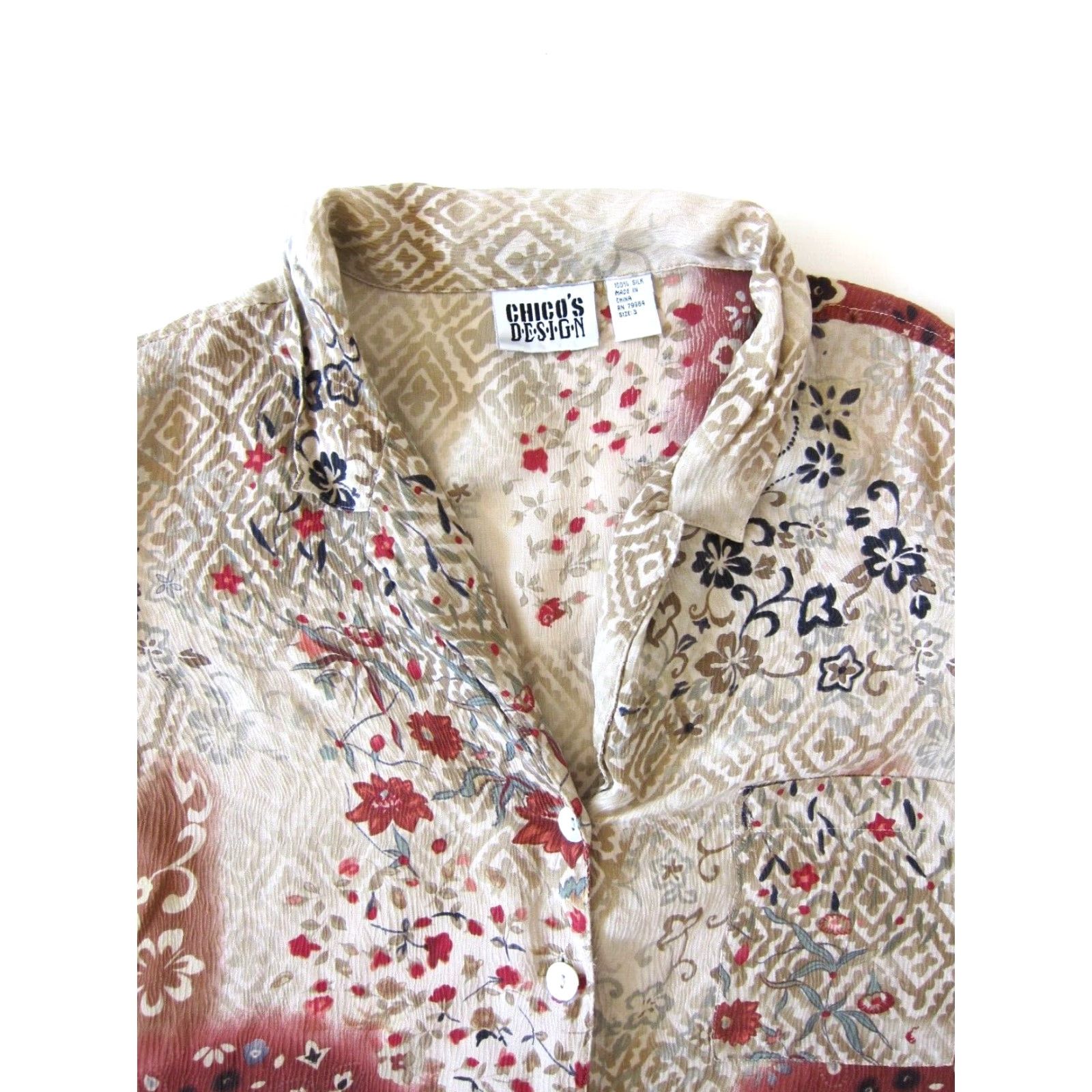 Vintage Chico's Design 100% Silk Brown Pink Floral Button Down Short Sleeve Blouse 3/L Size L / US 10 / IT 46 - 3 Thumbnail