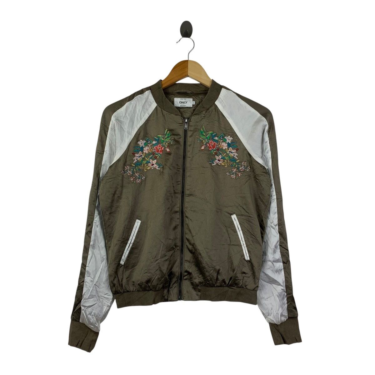 ONLY Floral Embroidered Satin Bomber Jacket Olive Green