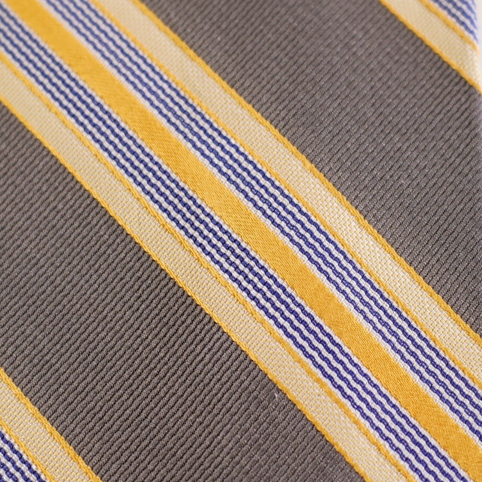 Paul Fredrick Paul Fredrick Gray Yellow Blue Striped Woven Cotton Silk Tie Size ONE SIZE - 2 Thumbnail
