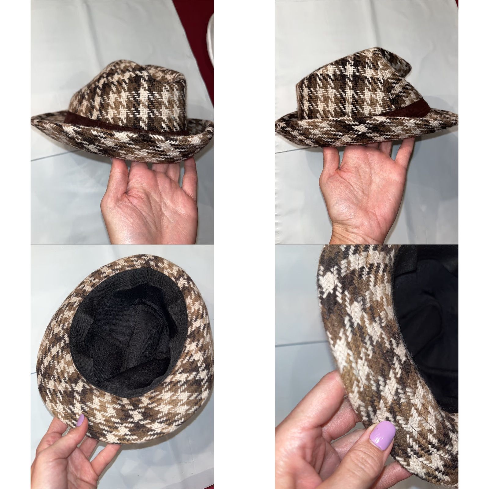 Vintage VINTAGE FEDORA Brown Plaid Houndstooth Detective HAT Checkered Woven Gangster Mobster OS Size ONE SIZE - 8 Thumbnail