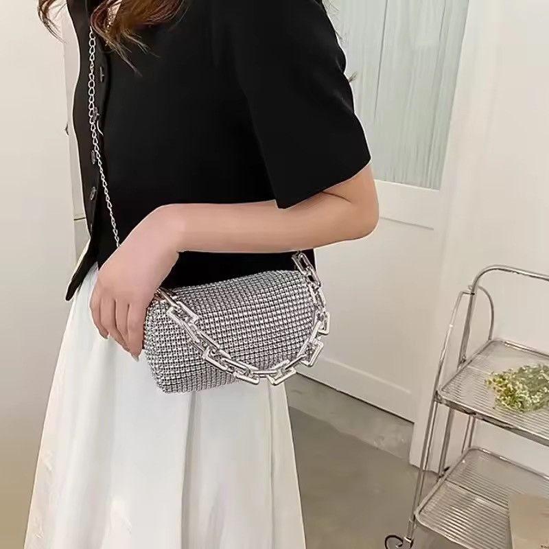 Leather Glitter Rhinestone Mini Crossbody Tote Bag in Silver, Women's