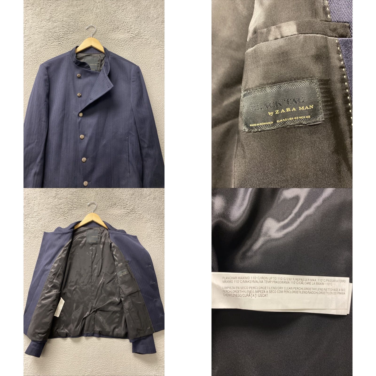 Zara Zara Man Blazer Jacket Navy Blue Slim Fit 42 Textured Tweed Notch Lapel Six-Button Front Single-Breasted Sports Coat Mens Size 42 Size 42R - 9 Thumbnail