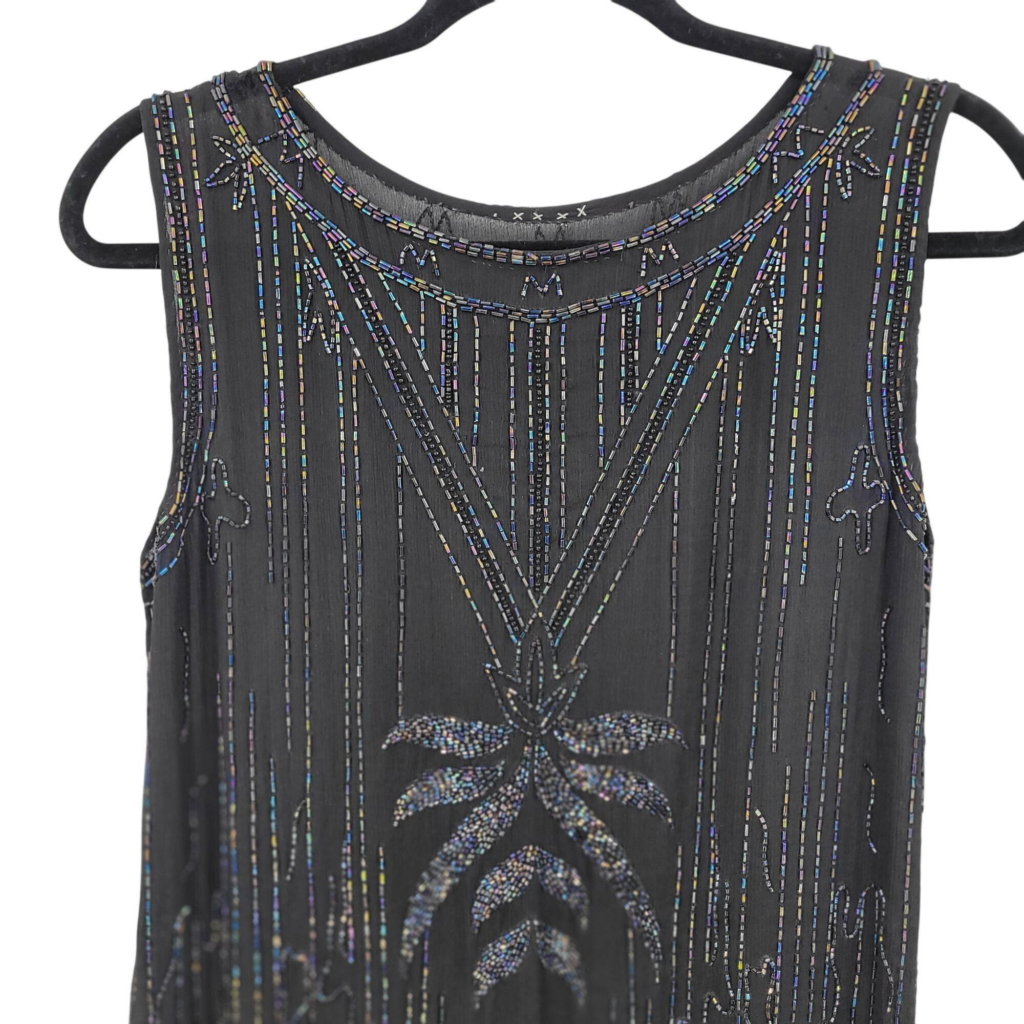 Vintage Vtg 80s Does 20s Black Oil Slick Beaded Silk Flapper Dress S Size M / US 6-8 / IT 42-44 - 3 Thumbnail