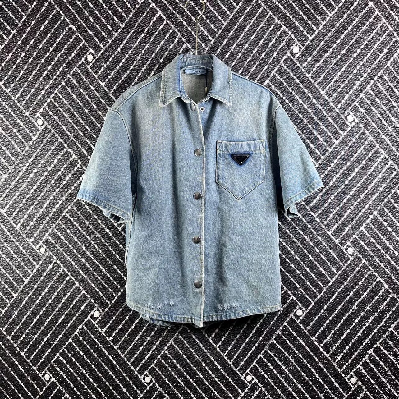 Prada Prada Light Blue Distressed Denim Shirt Size XS / US 0-2 / IT 36-38 - 1 Thumbnail